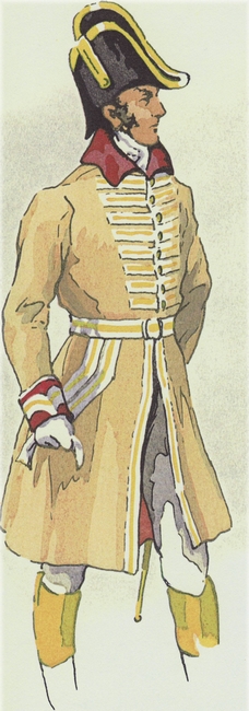 Veneur en tenue de maître de l'Equipage du Prince de Condé (1828) par Ch.-J. Hallo - Tiré de l'ouvrage De La Cape à la Botte (1951)